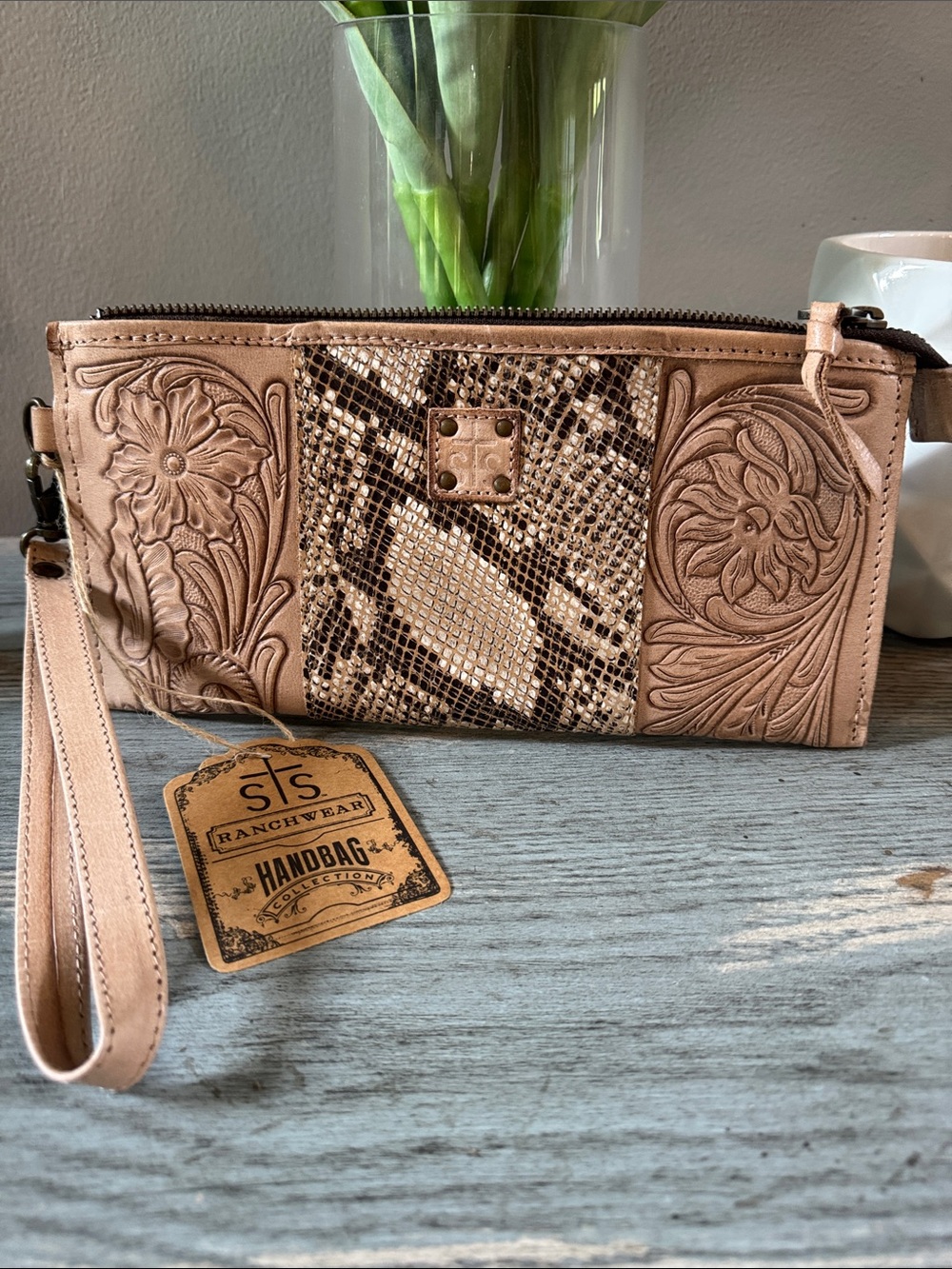 STS Ranchwear Beige Leather Wristlet with Snakeskin Accent